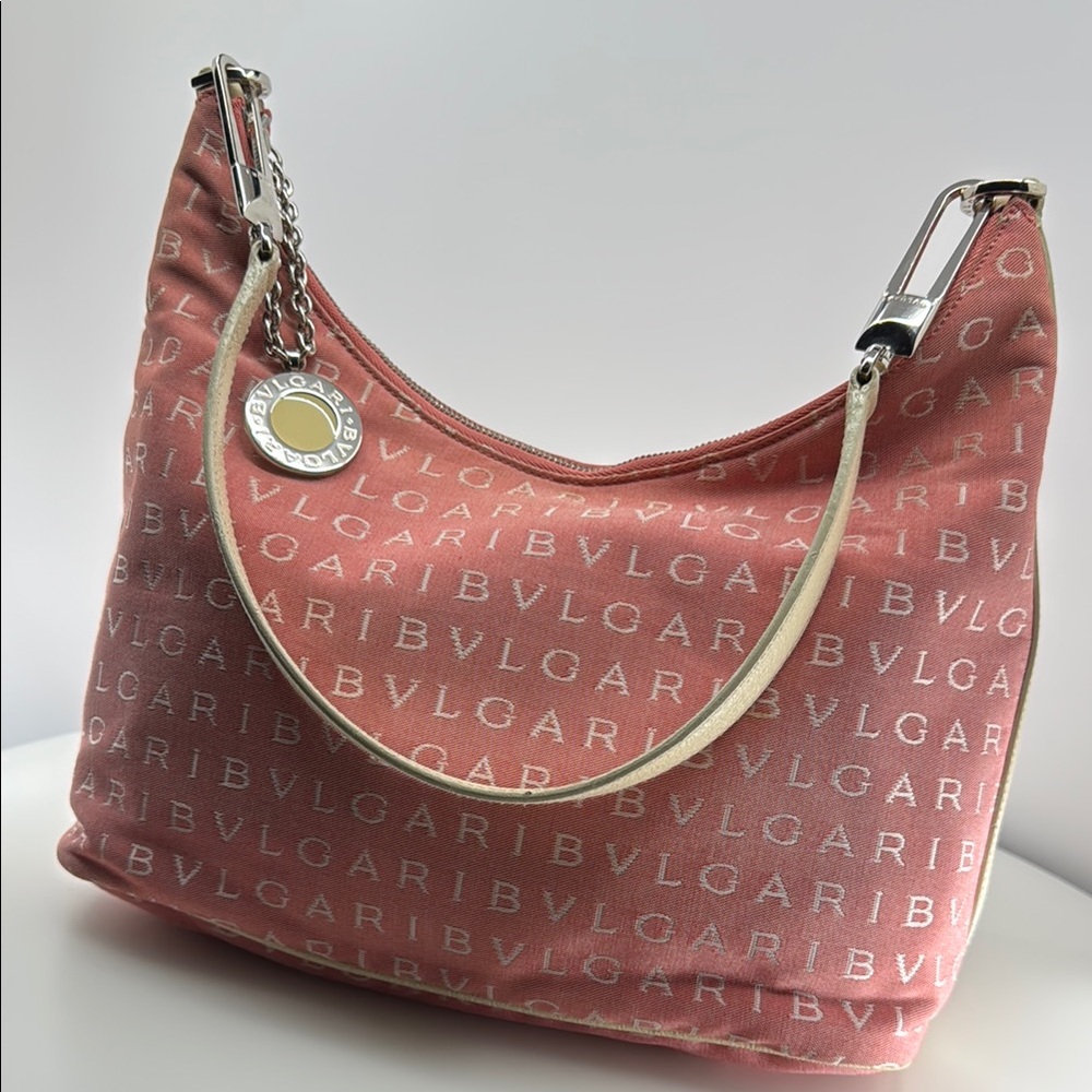 BVLGARI Logo Mania Pink Canvas Shoulder Bag EUC